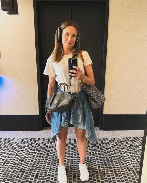 Makeup-free American actress Kristen Bell early August 2024 snaps a selfie from a solo trip. (Photo by kristenanniebell/Instagram)