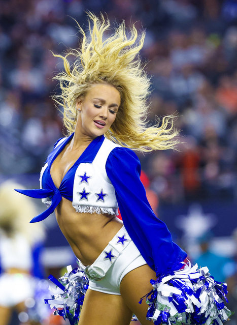 Dallas Cowboys cheerleader performs during the first half against the Cincinnati Bengals at AT&T Stadium in Arlington, Texas on December 9, 2024. (Photo by Kevin Jairaj/USA Today Sports)