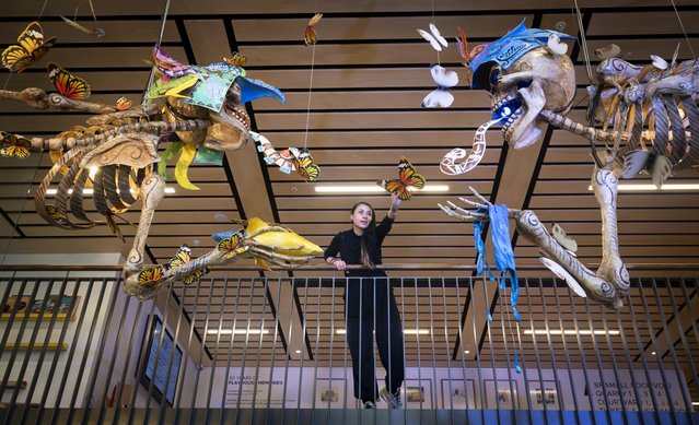 Artist Erika Ramírez Vázquez from Mexico's Zion Art Studio puts the final touches to two giant 3m long skeleton sculptures being hung in Leeds Playhouse, UK ahead of the All That Lives festival on Thursday, October 26, 2023. (Photo by Danny Lawson/PA Images via Getty Images)