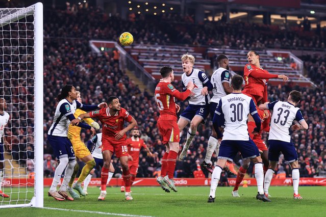 Virgil van Dijk of Liverpool scores their fourth goal during the Carabao Cup Semi Final Second Leg match between Liverpool and Tottenham Hotspur at Anfield on February 6, 2025 in Liverpool, England. (Photo by Simon Stacpoole/Offside/Offside via Getty Images)