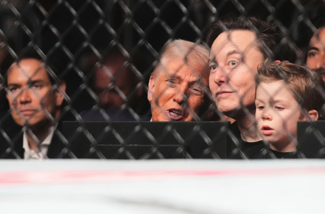 President Donald Trump, from foreground center to right, Elon Musk, his son X Æ A-Xii, and in background at left, Secretary of State Marco Rubio attend a mixed martial arts fight at UFC 314, Saturday, April 12, 2025, in Miami. (Photo by Lynne Sladky/AP Photo)