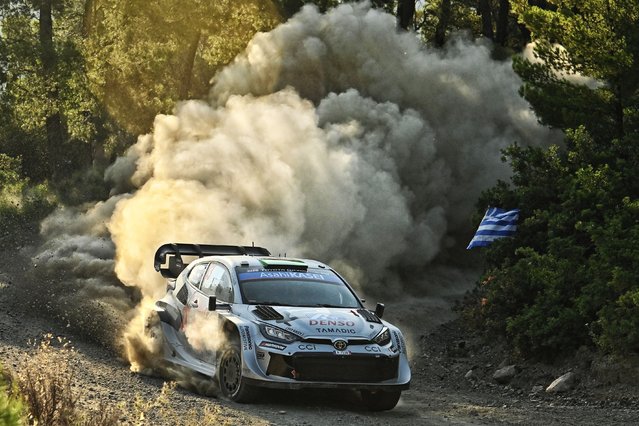 Britain's Elfyn Evans and his co-drive Scott Martin drive their Toyota GR Yaris Rally1 at SS2 in Aghii Theodori 1, as part of the World Rally Championship (WRC), Aghii Theodori, North Peloponese, Greece, 27 June 2025.World Rally Championship (WRC) takes place from 26-29 June 2025 in Greece. (Photo by Vassilis Psomas/EPA)