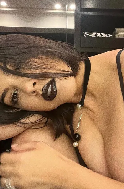 American media personality and socialite Kourtney Kardashian early February 2023 goes goth with black lipstick. (Photo by kourtneykardash/Instagram)