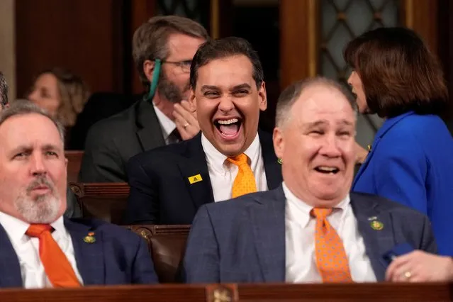 Rep. George Santos, R-N.Y., laughs b before President Joe Biden delivers the State of the Union address to a joint session of Congress at the U.S. Capitol, Tuesday, February 7, 2023, in Washington. (Photo by Jacquelyn Martin/AP Photo/Pool)