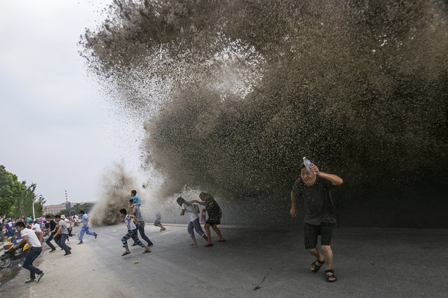 Visitors run away as waves caused by a tidal bore surge past a barrier on the banks of Qiantang River, in Hangzhou, Zhejiang province, August 13, 2014. (Photo by Reuters/Stringer)