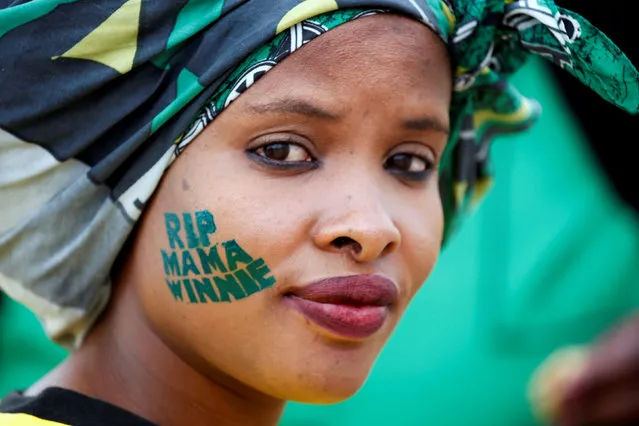 An African National Congress (ANC) supporter arrives at a memorial service for Winnie Madikizela-Mandela at Orlando Stadium in Johannesburg's Soweto township, South Africa April 11, 2018. (Photo by Siphiwe Sibeko/Reuters)