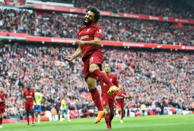 Mohamed Salah of Liverpool celebrates (3-2) during the English Premier League soccer match between Liverpool and Nottingham Forest in Liverpool, Britain, 22 April 2023. (Photo by Peter Powell/EPA)