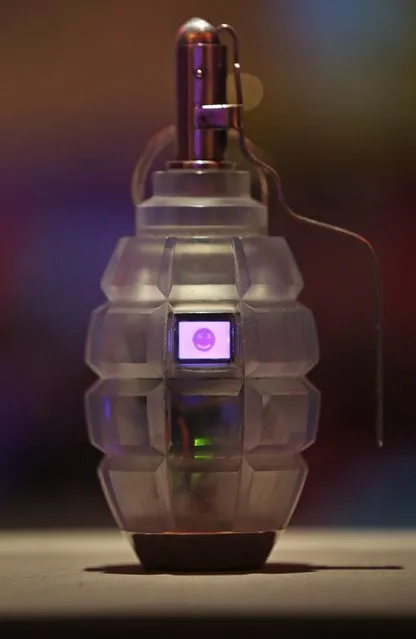 The Transparency Grenade by artist Julian Oliver is shown at the Big Bang Data exhibition at Somerset House on December 2, 2015 in London, England. The tiny grenade captures nearby wireless data and displays it on a big screen. (Photo by Peter Macdiarmid/Getty Images for Somerset House)