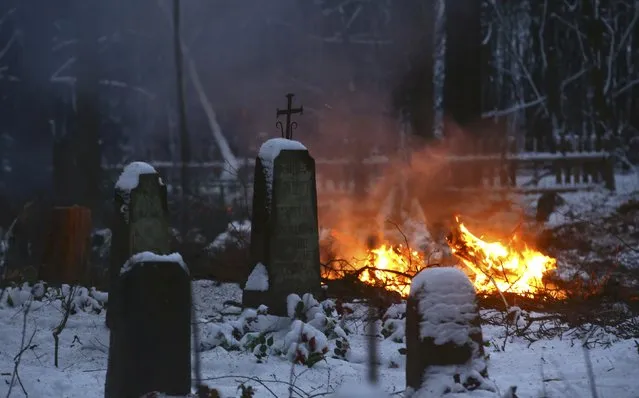 Burning tree branches are seen at an old cemetery near the village of Zaborie, Belarus December 14, 2016. (Photo by Vasily Fedosenko/Reuters)