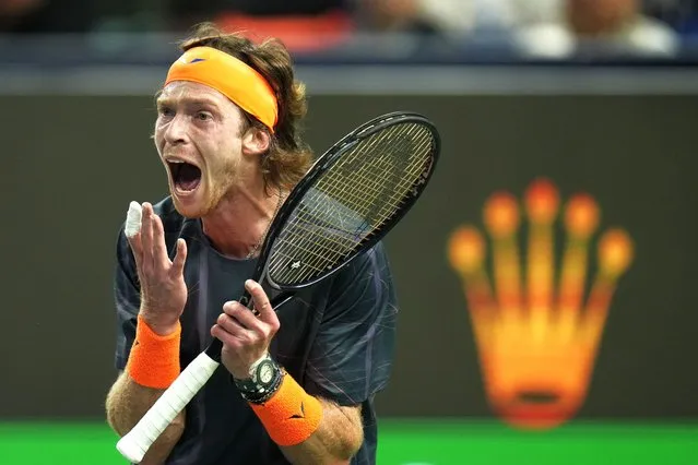 Andrey Rublev of Russia reacts during the men's singles semifinal match against Grigor Dimitrov of Bulgaria in the Shanghai Masters tennis tournament at Qizhong Forest Sports City Tennis Center in Shanghai, China, Saturday, October 14, 2023. (Photo by Andy Wong/AP Photo)