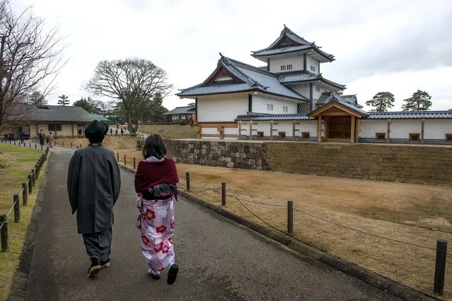 View of the Kanazawa Castle in Kanazawa, Japan on January 8, 2016. Though the largest and most distinguished building in Old Kanazawa the building is relatively new in its construction. It was originally built in 1580 but previous warlord battles, fires and even an earthquake destroyed several times. (Photo by Linda Davidson/The Washington Post)
