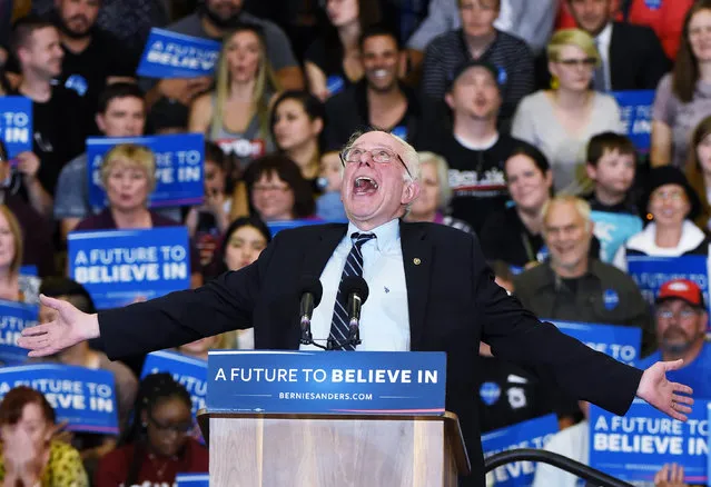 Democratic presidential candidate Sen. Bernie Sanders (D-VT) jokes around as he speaks during a campaign rally at Bonanza High School on February 14, 2016 in Las Vegas, Nevada. Sanders is challenging Hillary Clinton for the Democratic presidential nomination ahead of Nevada's February 20th Democratic caucus. (Photo by Ethan Miller/Getty Images)