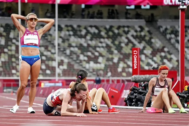 Elinor Purrier St. Pierre (USA) reacts after running in the women's 400m final during the Tokyo 2020 Olympic Summer Games at Olympic Stadium in Tokyo on August 6, 2021. (Photo by James Lang/USA TODAY Sports)