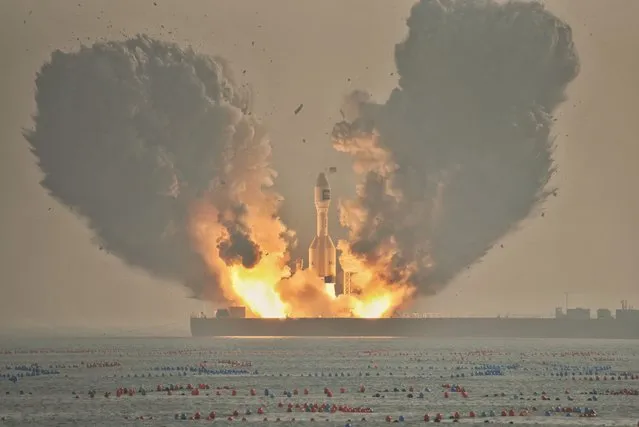 Gravity-1 (YL-1) carrier rocket carrying 3 satellites blasts off from the Taiyuan Satellite Launch Center on January 11, 2024 in waters off the coast of Haiyang, Shandong Province of China. (Photo by Ding Yi/VCG via Getty Images)