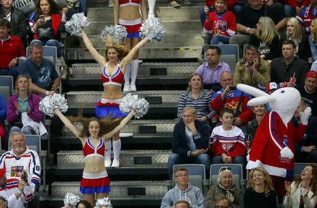 Cheerleaders perform during the Ice Hockey World Championship third-place game between the Czech Republic and the U.S. at the O2 arena in Prague, Czech Republic May 17, 2015. (Photo by Laszlo Balogh/Reuters)