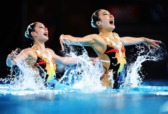 Moe Higa and Mashiro Yasunaga of Japan perform their routine during the Women's Duet Technical during the World Aquatics Artistic Swimming World Cup 2024 - Stop 2 at Aquatics Centre on May 03, 2024 in Paris, France. (Photo by Adam Pretty/Getty Images)