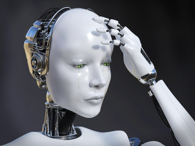 3D rendering of a female robot looking sad and crying, image 1. Dark background. (Photo by Alamy Stock Photo)