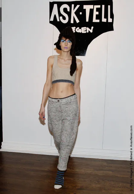 A model  poses at the Degen Fall 2012 presentation during Mercedes-Benz Fashion Week