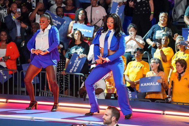 Rapper Megan Thee Stallion performs onstage at a campaign rally for Democratic presidential candidate, U.S. Vice President Kamala Harris at the Georgia State Convocation Center on July 30, 2024 in Atlanta, Georgia. (Photo by Julia Beverly/Getty Images)