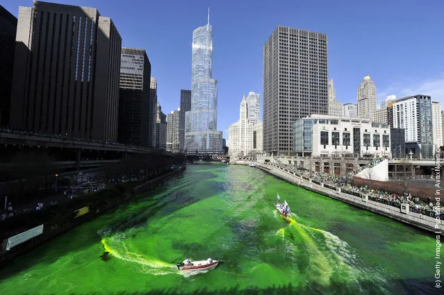 Members of the plumbers' union dye the Chicago River green for St. Patrick's Day on March 17, 2012 in Chicago