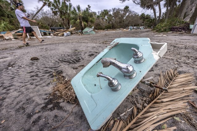 View of damages left behind by Hurricane Milton in Manasota Key, Florida, USA, 11 October 2024. The National Hurricane Center's Live Hurricane Tracker shows that Hurricane Milton made landfall on the west coast of Florida on 09 October evening. Milton, which rapidly intensified into a Category 5 hurricane on 07 October, weakened as it approached the shore but caused significant weather impacts across the state. (Photo by Cristobal Herrera-Ulashkevich/EPA/EFE)