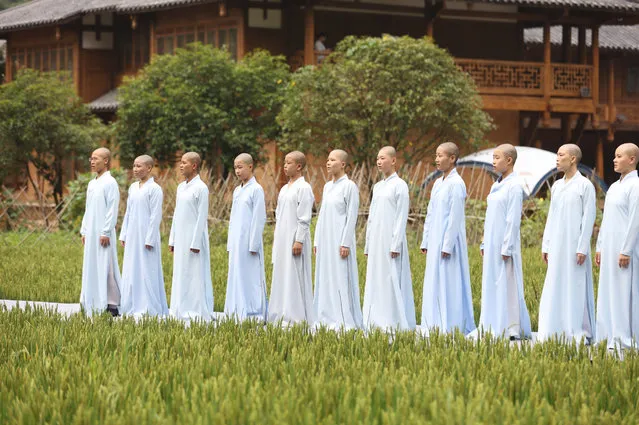 China's first monks chorus, “Dawn” chorus from Tiantai Temple Conservatory of Buddhist Music, perform on the roof of a music hall at the 2017 Huanglong Music Festival and International Chorus Week on August 21, 2017 in Zhangjiajie, Hunan Province of China. 112 teams will compete in the 2017 Huanglong Music Festival and International Chorus Week held in Zhangjiajie. (Photo by VCG/VCG via Getty Images)