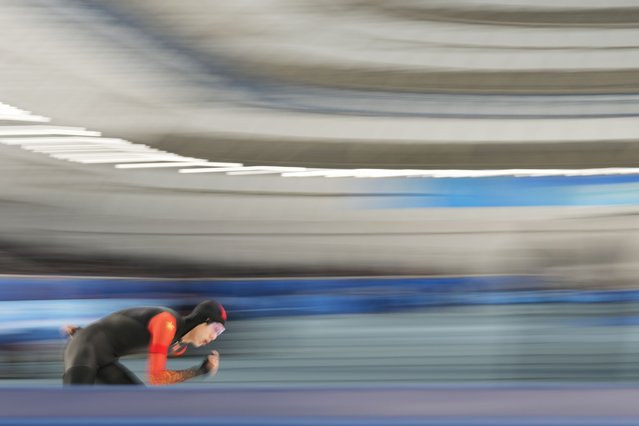 China's Wu Yu competes at the men's 5000m Speed Skating during the 9th Asian Winter Games in Harbin, China on Sunday, February 9, 2025. (Photo by Aaron Favila/AP Photo)
