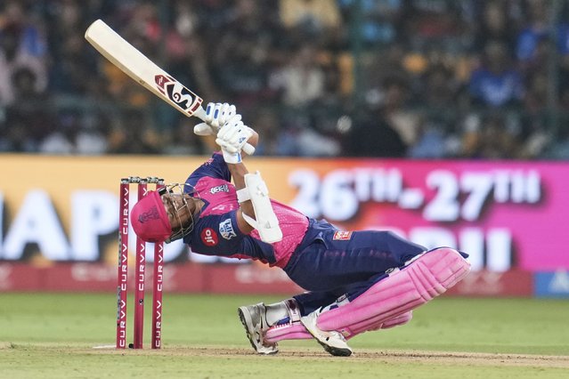 Rajasthan Royals' Yashasvi Jaiswal plays a shot during the Indian Premier League cricket match between Royal Challengers Bengaluru and Rajasthan Royals at Chinnaswamy Stadium in Bengaluru, India, Thursday, April 24, 2025. (Photo by Aijaz Rahi/AP Photo)