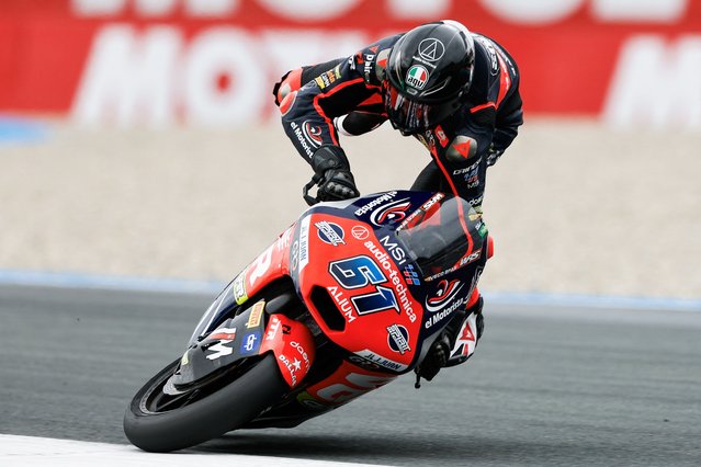QJMotor-Frinsa-MSI team's Spanish Moto2 rider Eric Fernandez crashes takes a corner during a free practice ahead 2024 Netherlands Moto2 Grand Prix at the TT Circuit Assen, in Assen on June 27, 2025. (Photo by Vincent Jannink/ANP via AFP Photo)