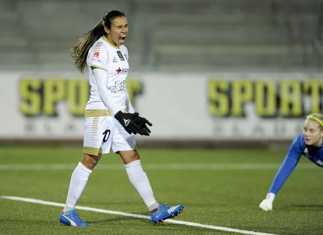 Rosengard's Marta reacts after scoring a goal against PK-35 during their Women's Champions League soccer match in Malmo, Sweden, October 14, 2015. (Photo by Bjorn Lindgren/Reuters/TT News Agency)