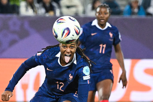 France's forward #12 Marie-Antoinette Katoto eyes the ball during the UEFA Women's Euro 2025 Group D football match between France and Wales at the Arena St.Gallen in St. Gallen on July 9, 2025. (Photo by Sébastien Bozon/AFP Photo)