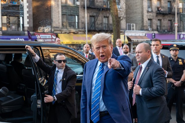 Former President Donald Trump visits a bodega in the Harlem neighborhood of upper Manhattan where a worker killed a man who had assaulted him in 2022, on April 16, 2024 in New York City. The worker, Jose Alba, was arrested, but the Manhattan district attorney dropped the charges for lack of evidence. Trump visited the bodega after spending a second day in court where he faces 34 felony counts of falsifying business records in the first of his criminal cases to go to trial. (Photo by Spencer Platt/Getty Images)