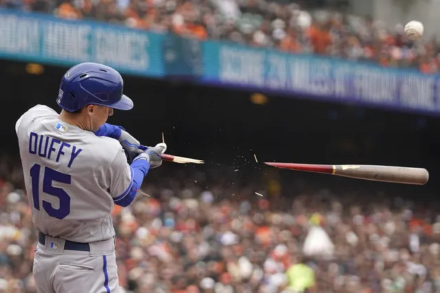 Kansas City Royals' Matt Duffy breaks his bat while flying out against the San Francisco Giants during the second inning of a baseball game in San Francisco, Friday, April 7, 2023. (Photo by Eric Risberg/AP Photo)