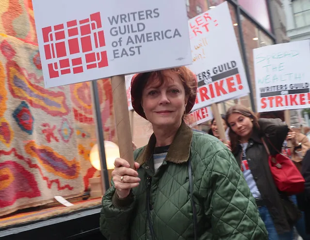 Actress Susan Sarandon marches with writers on strike on second day of the strike at Neftlix Headquarters, New York City, in United States on May 3, 2023. (Photo by Selcuk Acar/Anadolu Agency via Getty Images)