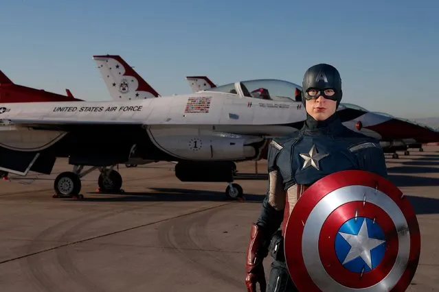 In honor of Vererans Day Madame Tussauds unveils the all-American hero Captain America at Nellis Air Force Base on November 11, 2016 in Las Vegas, Nevada. (Photo by Isaac Brekken/Getty Images for Madame Tussauds Las Vegas)