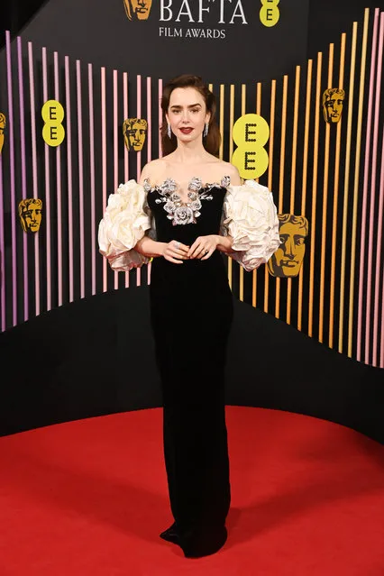 British-American actress Lily Collins attends the 2024 EE BAFTA Film Awards at The Royal Festival Hall on February 18, 2024 in London, England. (Photo by Alan Chapman/Dave Benett/Getty Images)