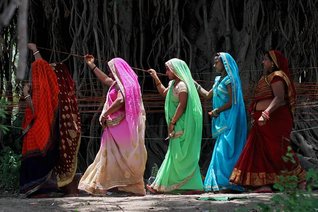 Married Indian women perform rituals on a sacred Banyan tree on the occasion of “Vat Savitri Puja” festival, in Jabalpur on June 3, 2019. The “Vat Savitri Puja” festival is an auspicious day in Hinduism when married women observe fast and pray for their husband's health and longevity. (Photo by Uma Shankar Mishra/AFP Photo)