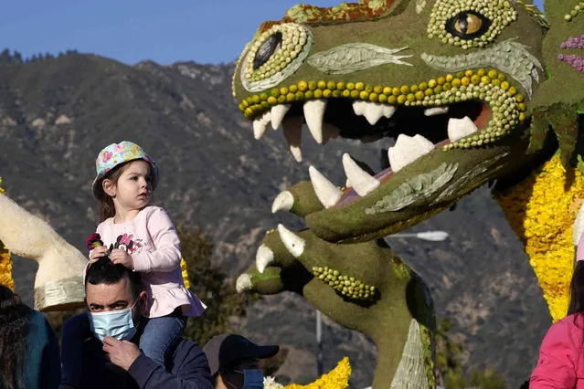 Elian, below and Riley Ballat, 2, look at Rose Parade floats on display Sunday, January 2, 2022, in Pasadena, Calif. The Rose Parade was held on New Year's Day. (Photo by Mark J. Terrill/AP Photo)