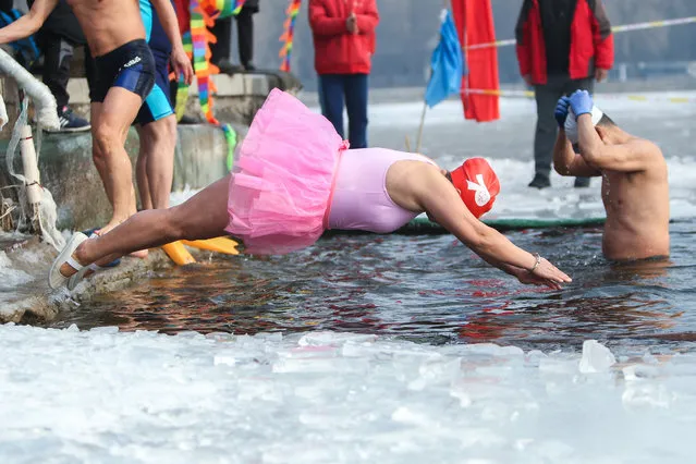 A winter swimming enthusiast dives into a partly frozen lake in a partly frozen lake in Shenyang, in northeastern China's Liaoning province on January 25, 2022. (Photo by AFP Photo/China Stringer Network)