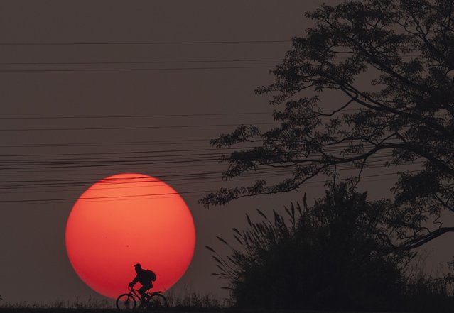 A person rides on a bicycle along a road as the sun sets in Kathmandu, Nepal, 26 April 2024. (Photo by Narendra Shrestha/EPA)