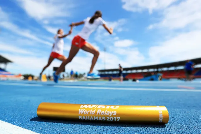 A baton is displayed in the foreground as athletes practice prior to the IAAF / BTC World Relays Bahamas 2017 at the Thomas Robinson Stadium on April 21, 2017 in Nassau, Bahamas. (Photo by Matthew Lewis/Getty Images for IAAF )