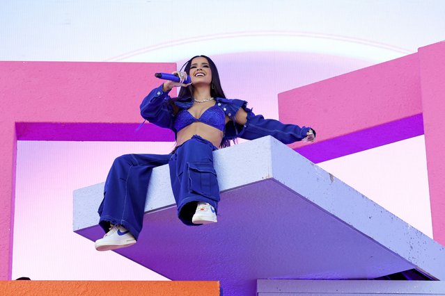 American singer Becky G performs at the Coachella Stage during the 2023 Coachella Valley Music and Arts Festival on April 14, 2023 in Indio, California. (Photo by Frazer Harrison/Getty Images for Coachella)