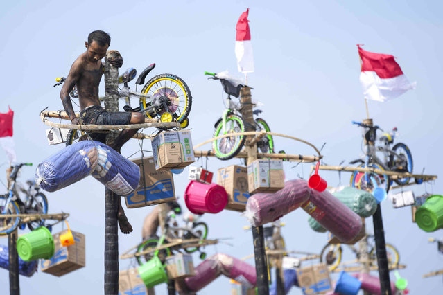 A participant retrieves prizes after climbing up a pole in a greased-pole climbing competition during the 79th Independence Day anniversary at Ancol Beach in Jakarta, Indonesia, Saturday, August 17, 2024, celebrating its independence from the Dutch colonial rule. (Photo by Tatan Syuflana/AP Photo)