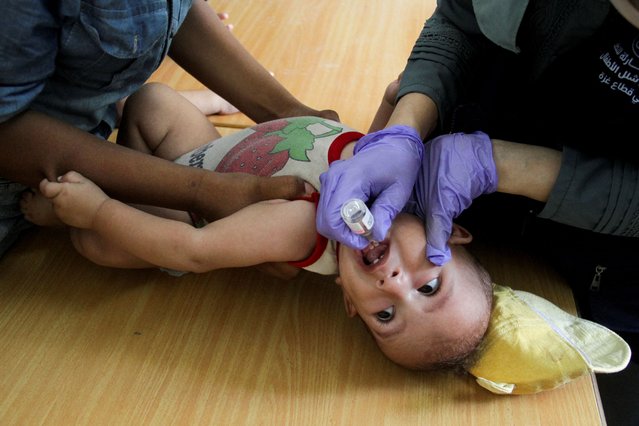 A Palestinian child is vaccinated against polio, amid the Israel-Hamas conflict, in Jabalia in northern Gaza Strip, on September 10, 2024. (Photo by Mahmoud Issa/Reuters)