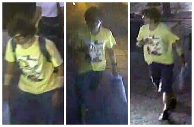 This August 17, 2015, image, released by Royal Thai Police spokesman Lt. Gen. Prawut Thavornsiri shows a man wearing a yellow T-shirt near the Erawan Shrine before an explosion occurred in Bangkok, Thailand. Prawut said he believes the man is a suspect in the blast that killed a number of people at a shrine in downtown Bangkok on Monday night. (Photo by Royal Thai Police via AP Photo)