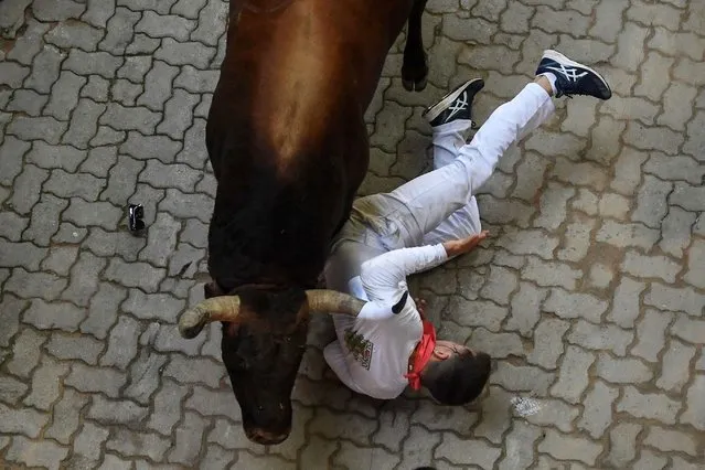 A participant is struck by a bull during the “encierro” (bull-run) of the San Fermin festival in Pamplona, northern Spain on July 12, 2022. On each day of the festival six bulls are released at 8:00 a.m. (0600 GMT) to run from their corral through the narrow, cobbled streets of the old town over an 850-meter (yard) course. Ahead of them are the runners, who try to stay close to the bulls without falling over or being gored. (Photo by Miguel Riopa/AFP Photo)
