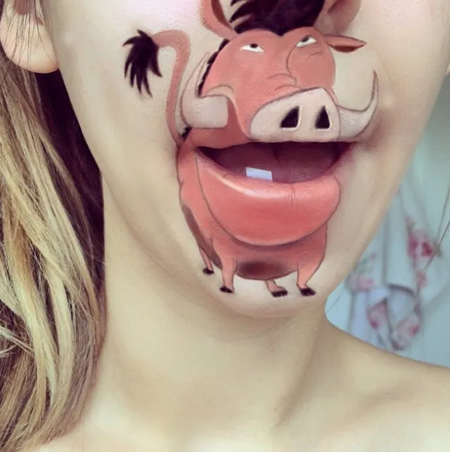 Makeup artist Laura Jenkinson paints popular cartoon characters on her face, using her own mouth as the teeth and lips of her subjects. Here, Pumba from “The Lion King” is depicted on Jenkinson. (Photo by Laura Jenkinson/Caters News)