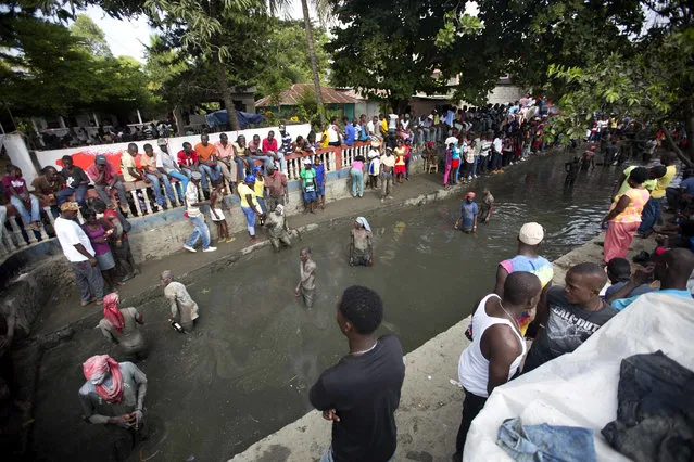In this July 24, 2016 photo, pilgrims wade in a sacred mud pool as they attend a Voodoo ceremony in Plaine-du-Nord, Haiti. The village in northern Haiti is transformed over two days each July into the spiritual center of the Voodoo religion. Pilgrims bring flowers, rum, candles, meat, and throw them into the mud as offerings. (Photo by Dieu Nalio Chery/AP Photo)
