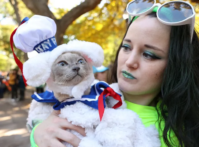 A woman holds a cat dressed as a dog during the Halloween Dog Parade at Tompkins Square Park in New York City, U.S., October 22, 2022. (Photo by Caitlin Ochs/Reuters)