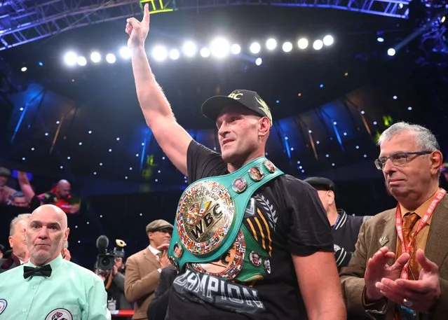 English professional boxer Tyson Fury celebrates after defeating Derek Chisora, during their WBC heavyweight championship fight, at Tottenham Hotspur Stadium on December 03, 2022 in London, England. (Photo by Mikey Williams/Top Rank Inc via Getty Images)